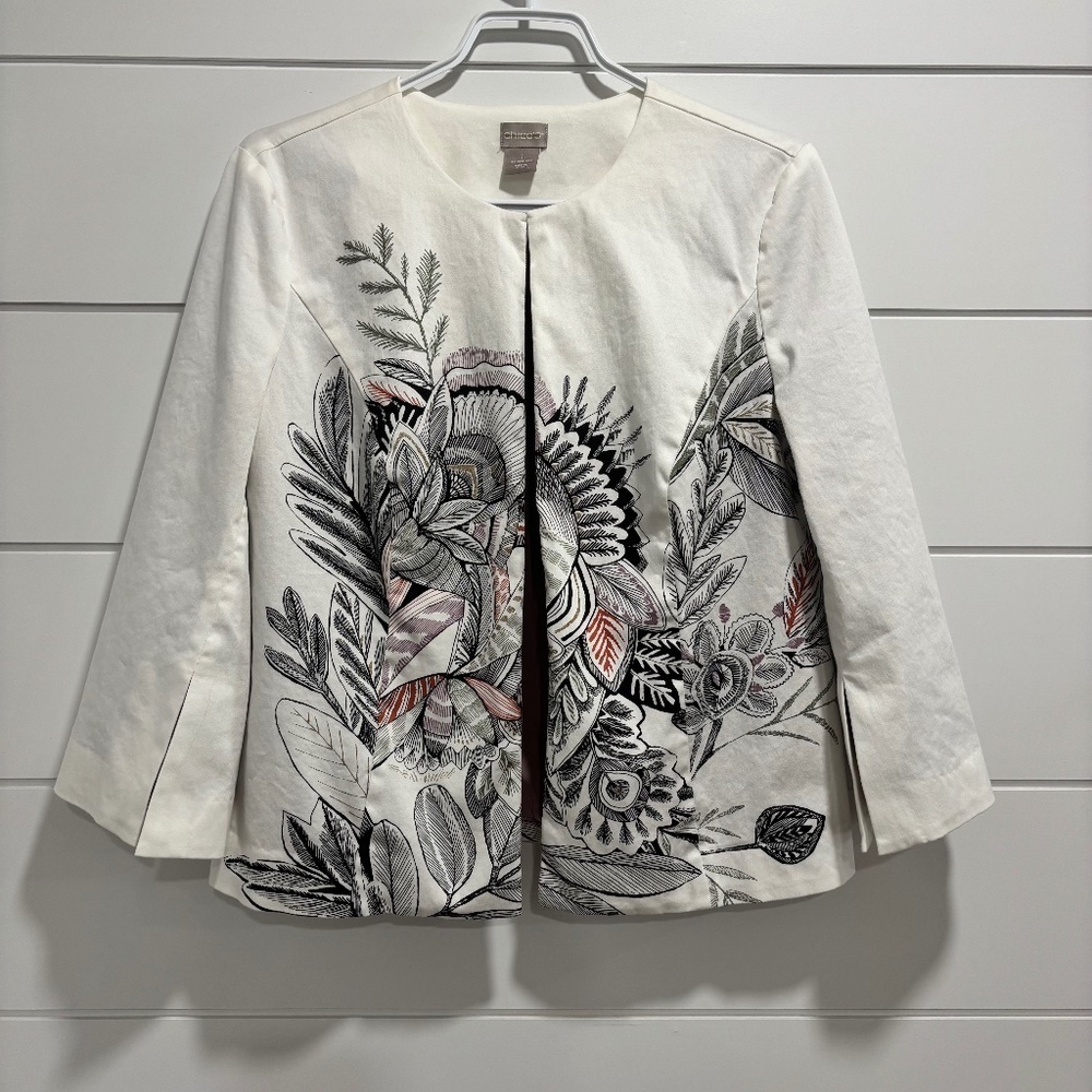 Chico's lined floral print wide 3/4 sleeve open front jacket us size 8/10